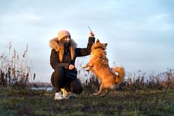 A woman enjoys an autumn day playing with her jumping dog in a field.